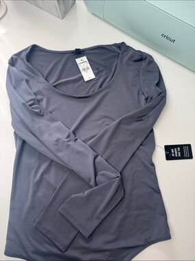 Express Women's Long Sleeve Scoop Neck Top - Slate Gray bodysuit